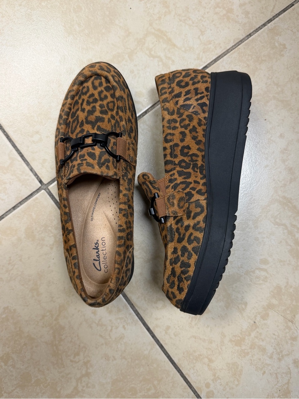 Clarks Leopard Print Platform Loafers in Brown and Black